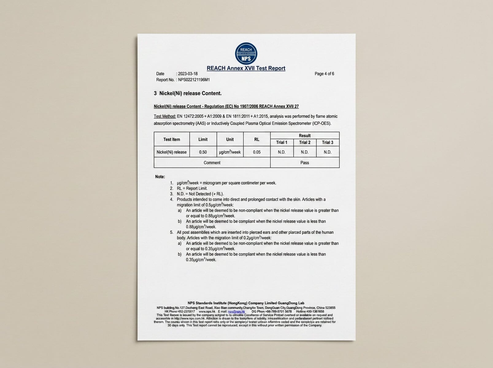 Nickel Release Test Report